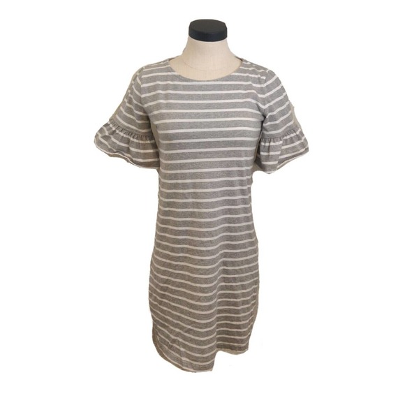 J. Crew Women's T Shirt Dress Gray White Stripe Ruffle Short Sleeve Size XS